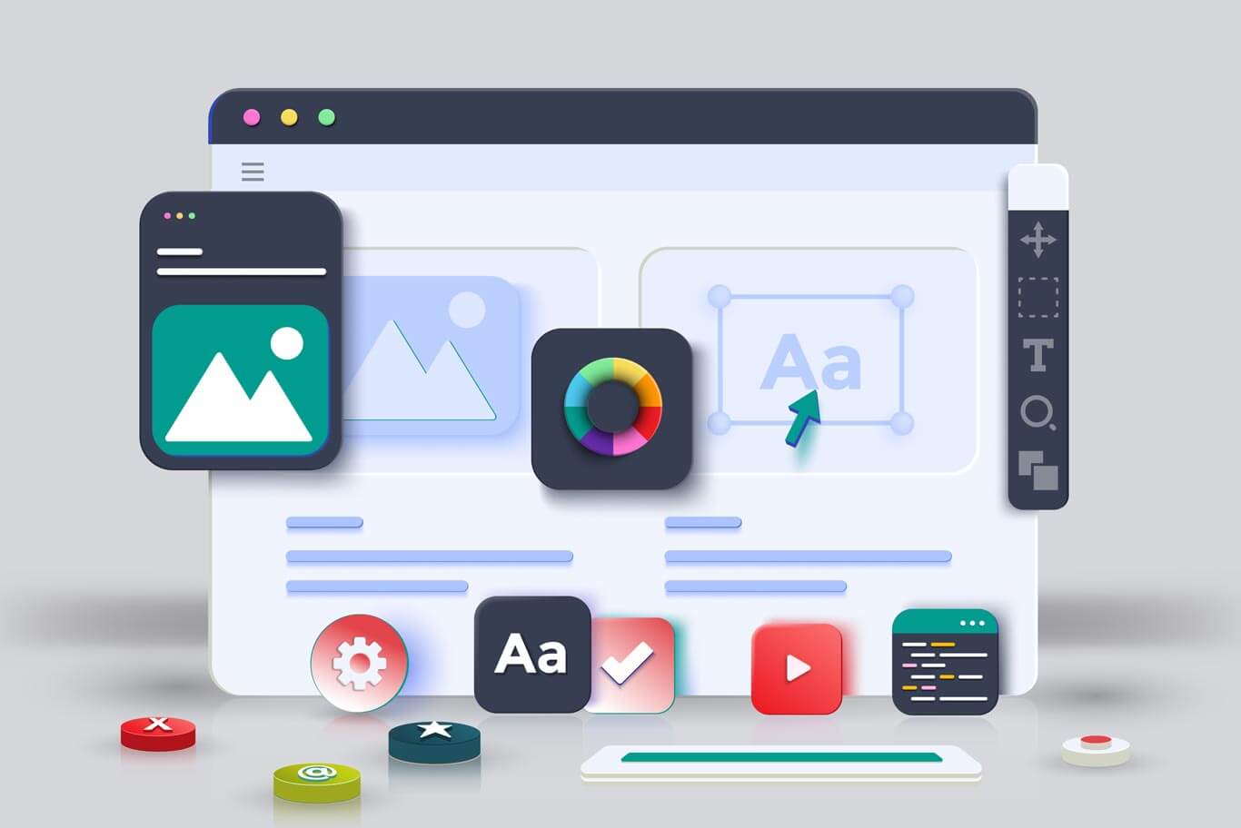 Design-Illo Montage with software overlays comparing web design and web development processes